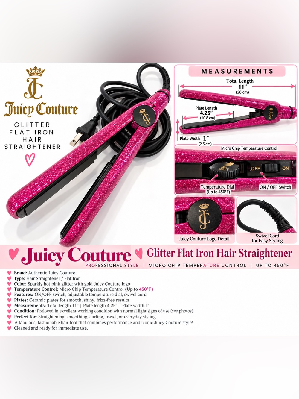 11” 💕 JUICY COUTURE PINK GLITTER FLAT IRON — GLAMOUR MEETS HAIR STYLING! 💕